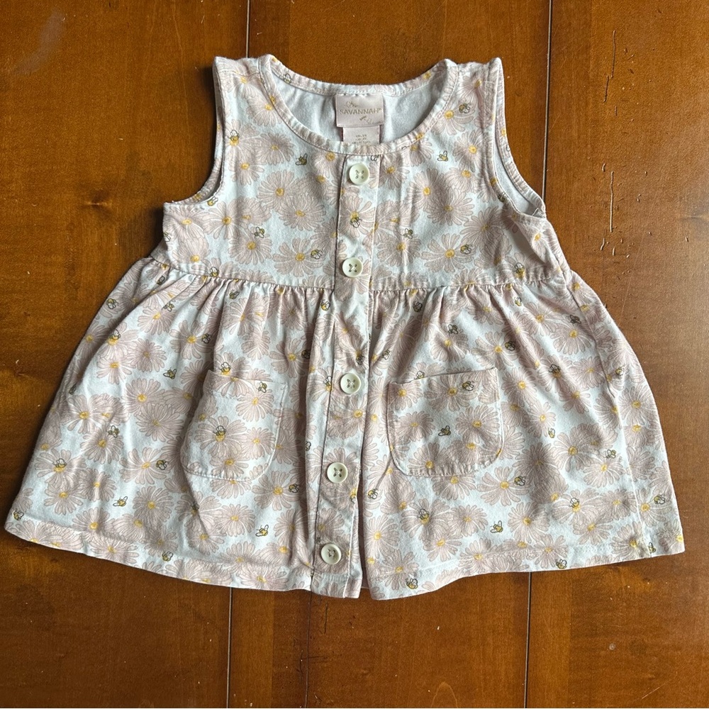 Baby Floral Button-Front Tank Dress - Soft Pink & Yellow with Bumble Bee details